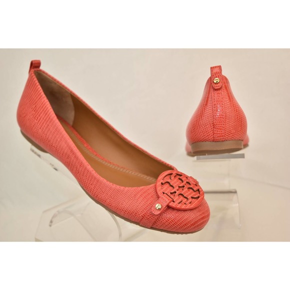 NIB TORY BURCH ORANGE MINI MILLER LIZARD PRINT LEATHER BIG REVA FLATS 8 BRAZIL - Picture 7 of 12